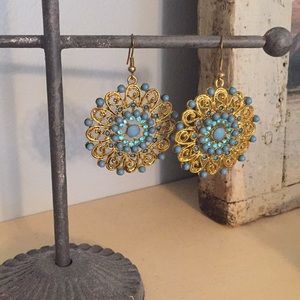 Gold and blue Indian pendant earrings
